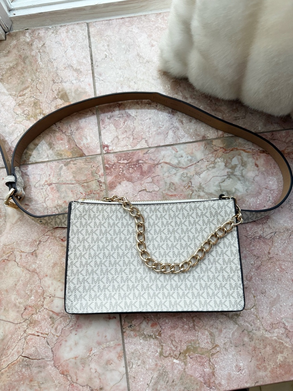 Michael Kors Cream Logo Fannypack Bag with Gold Chain